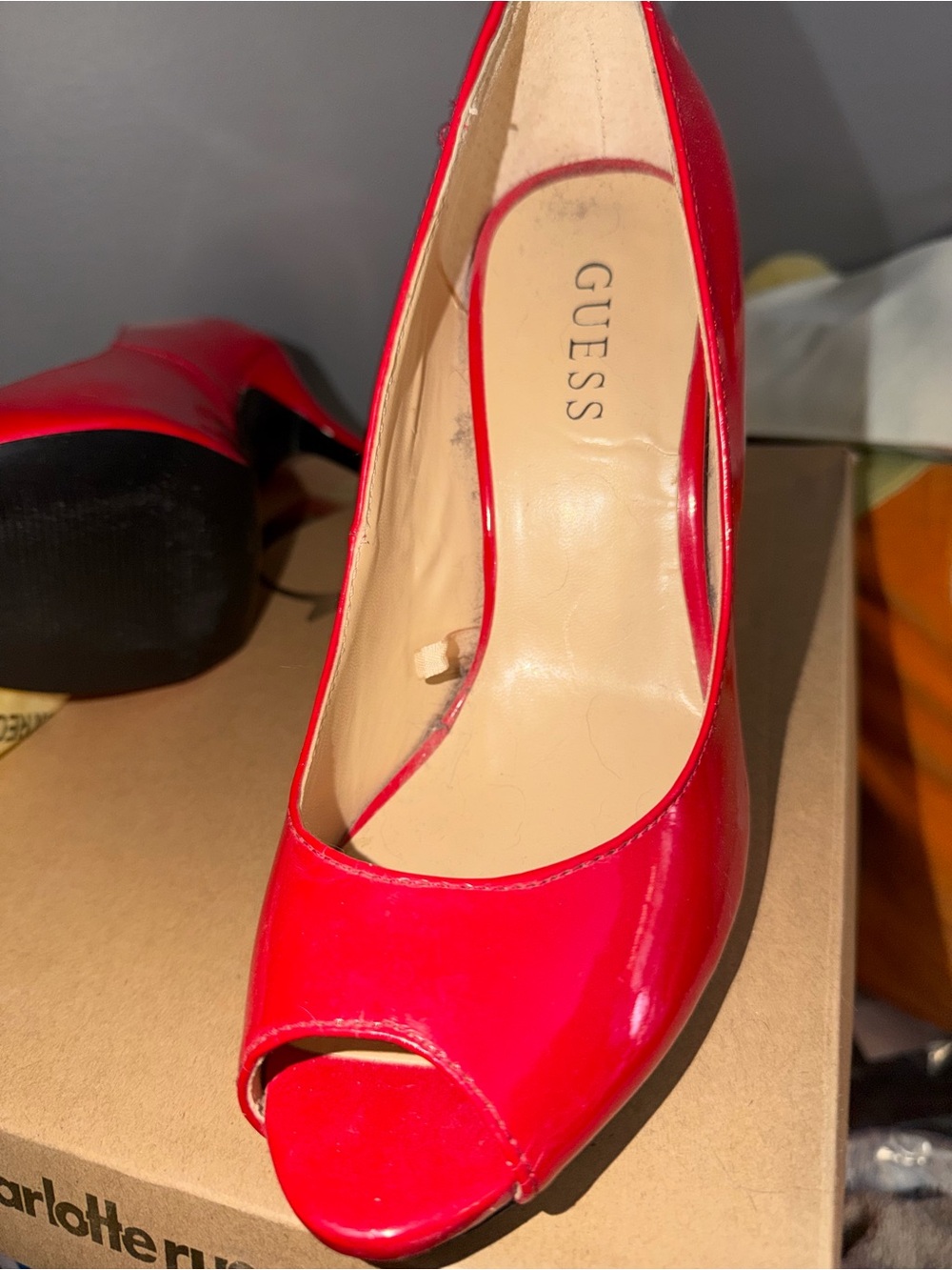 Guess Red Patent Peep-Toe Heel Pump